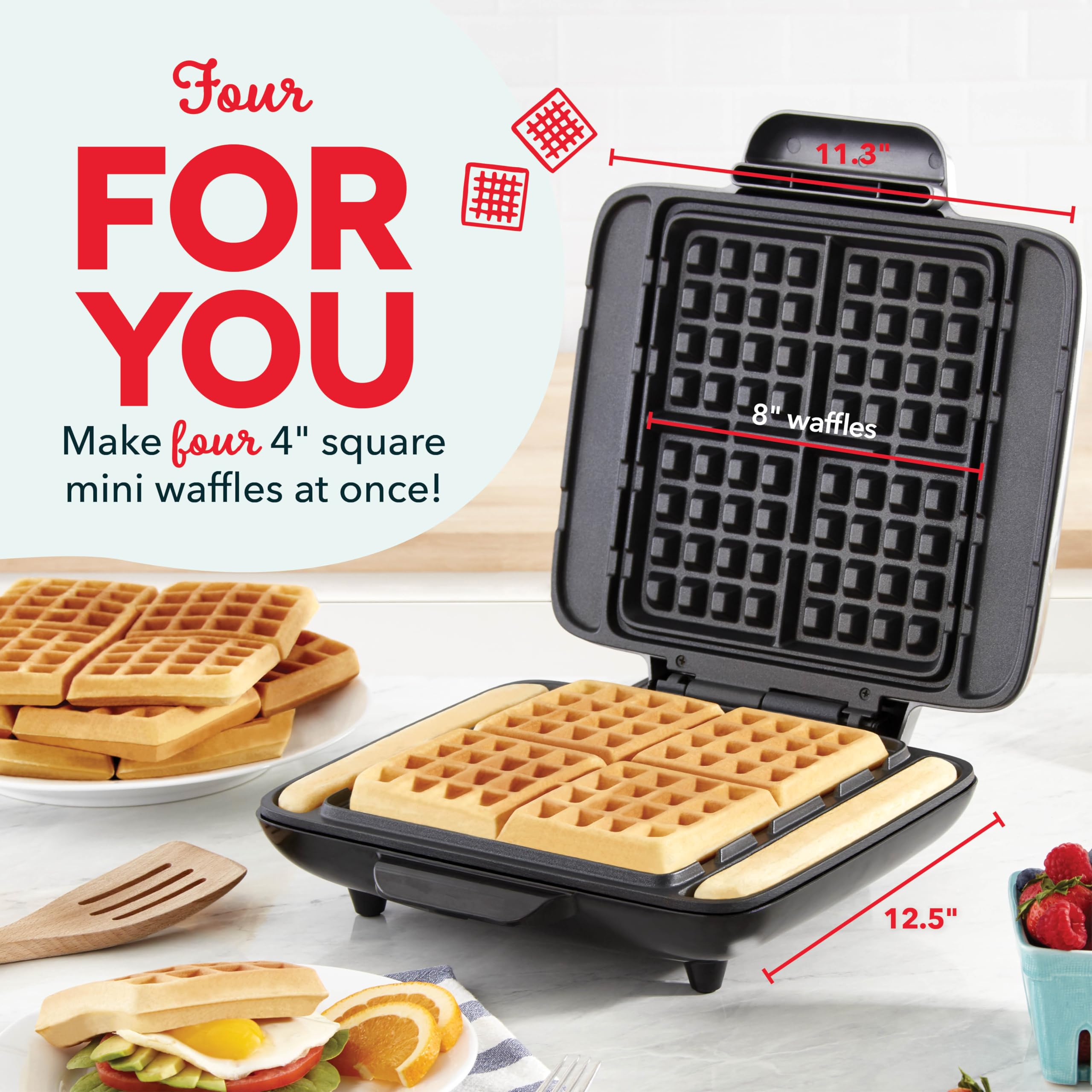 Dash No-Drip Waffle Maker - Four Waffle Molds, Nonstick Waffle Iron With Quick Heat-Up, Nonstick Surface - Perfect Waffle Maker